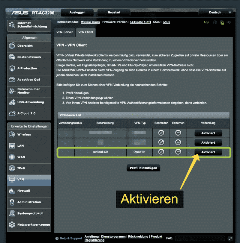 Das neue VPN Profil ist am Router bereits erstellt. Du kannst dieses "Aktivieren"
